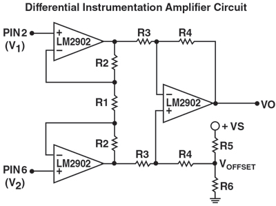 Typical differential amplifier circuitry for gain Typical differential amplifier circuitry